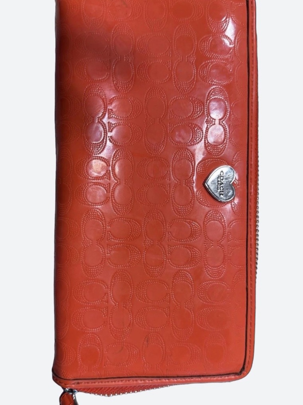 Coach Orange Patent Signature Zip Around Wallet with Heart Logo